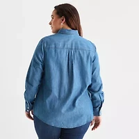 St. John's Bay Womens Plus Easy-on + Easy-off Hidden Access Opening Fitted Long Sleeve Regular Fit Button-Down Shirt