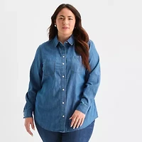 St. John's Bay Womens Plus Easy-on + Easy-off Hidden Access Opening Fitted Long Sleeve Regular Fit Button-Down Shirt