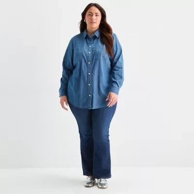 St. John's Bay Womens Plus Easy-on + Easy-off Hidden Access Opening Fitted Long Sleeve Regular Fit Button-Down Shirt