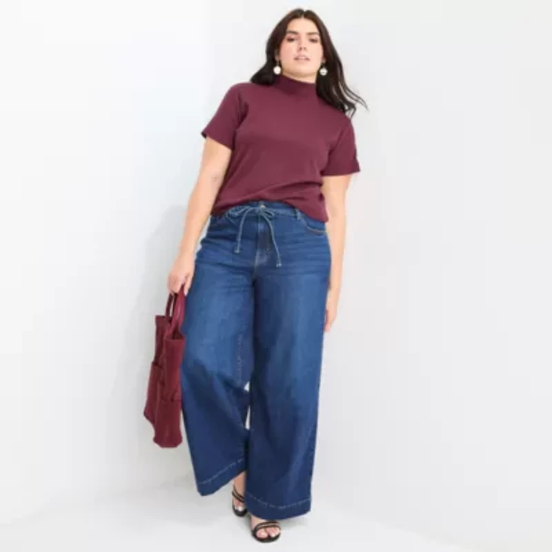 a.n.a Womens Plus Mock Neck Short Sleeve T-Shirt