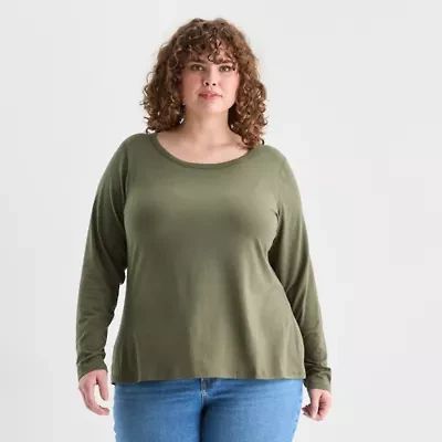 a.n.a Womens Plus Round Neck Long Sleeve Adaptive T-Shirt