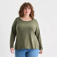 a.n.a Womens Plus Round Neck Long Sleeve Adaptive T-Shirt