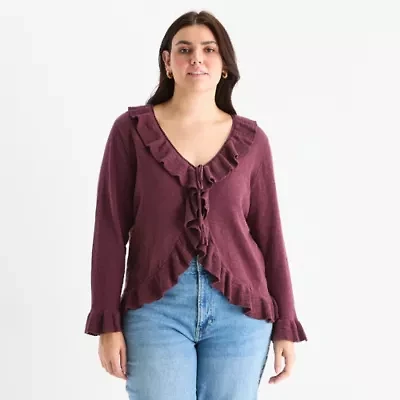 a.n.a Plus Ruffle Womens V Neck Long Sleeve Tie Cardigan