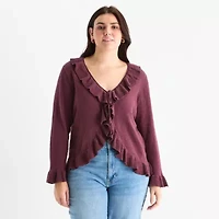 a.n.a Ruffle Womens V Neck Long Sleeve Tie Plus Cardigan
