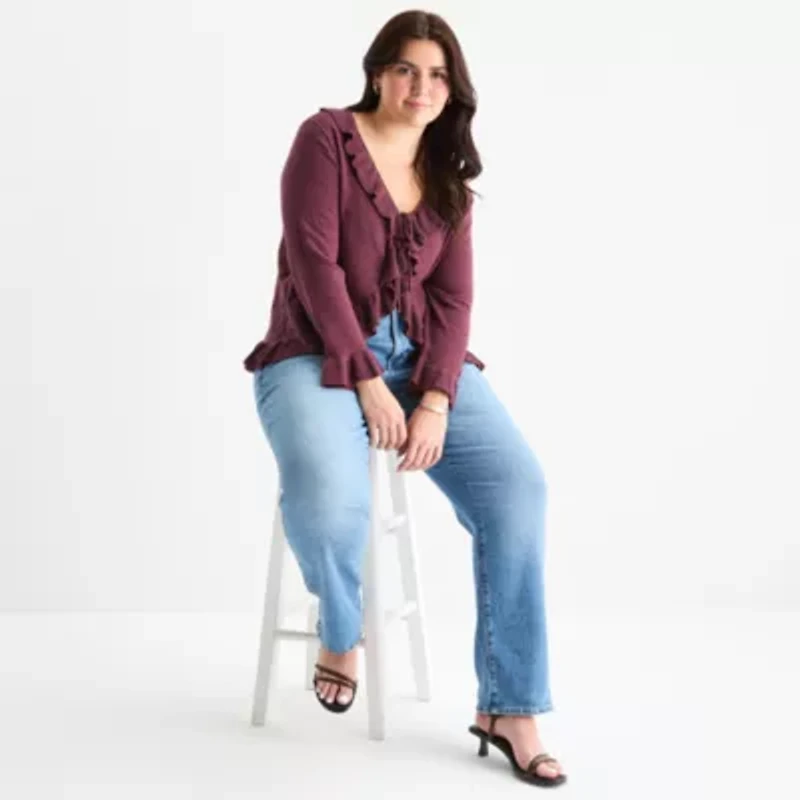 a.n.a Ruffle Womens V Neck Long Sleeve Tie Plus Cardigan