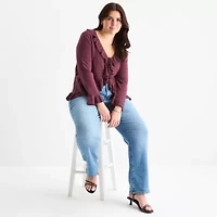 a.n.a Ruffle Womens V Neck Long Sleeve Tie Plus Cardigan