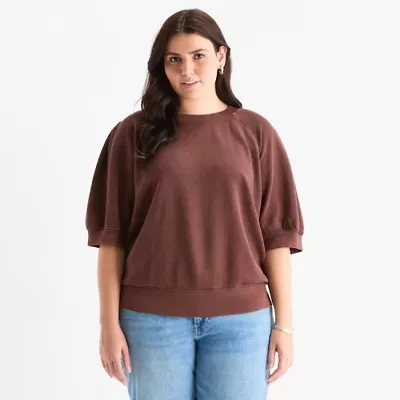 a.n.a Womens Plus Crew Neck Elbow Sleeve Sweatshirt