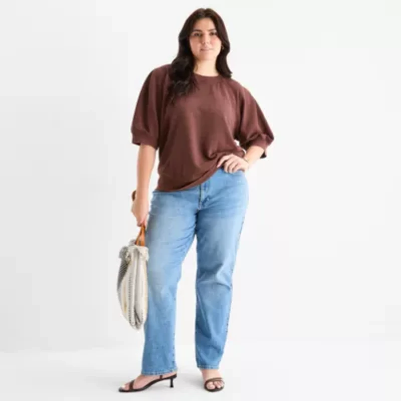 a.n.a Womens Crew Neck Elbow Sleeve Plus Sweatshirt