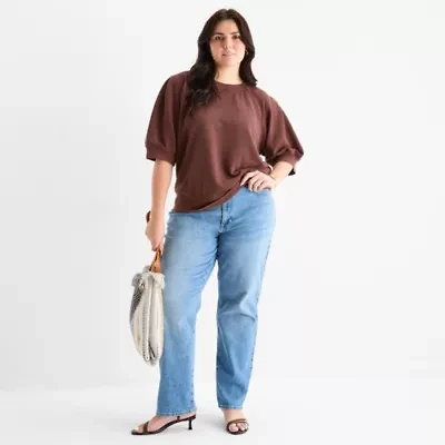a.n.a Womens Crew Neck Elbow Sleeve Plus Sweatshirt