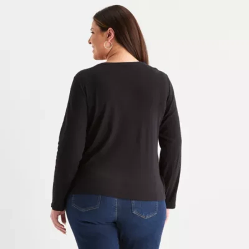 Liz Claiborne Womens V Neck Long Sleeve Plus T-Shirt