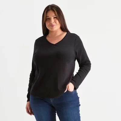 Liz Claiborne Womens V Neck Long Sleeve Plus T-Shirt