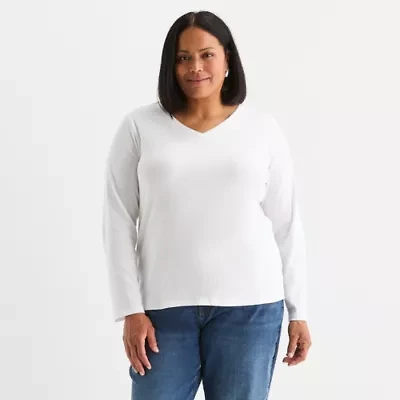 Liz Claiborne Womens Plus V Neck Long Sleeve T-Shirt