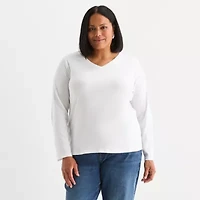 Liz Claiborne Womens Plus V Neck Long Sleeve T-Shirt