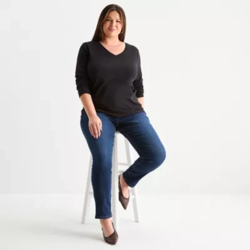 Liz Claiborne Womens V Neck Long Sleeve Plus T-Shirt