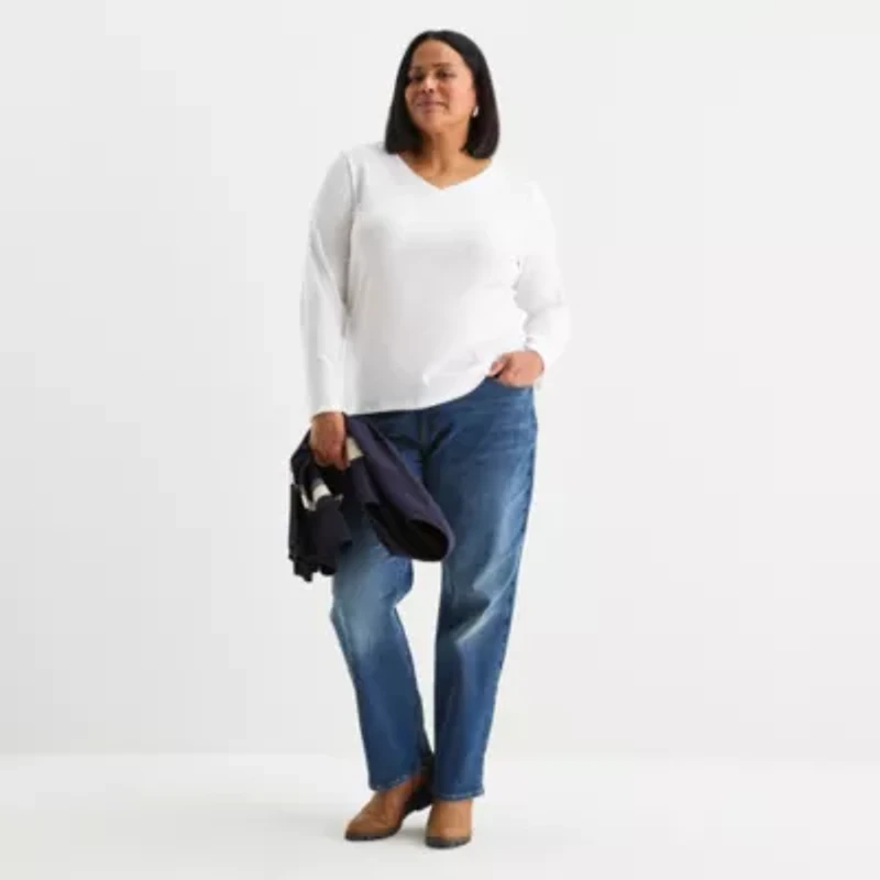 Liz Claiborne Womens Plus V Neck Long Sleeve T-Shirt