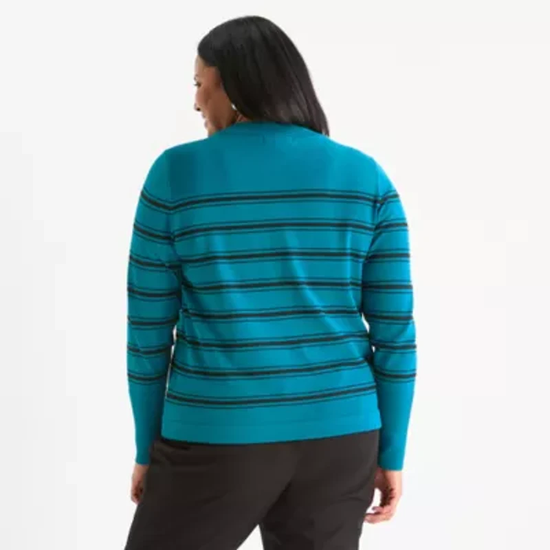 Liz Claiborne Plus Womens Crew Neck Long Sleeve Striped Pullover Sweater