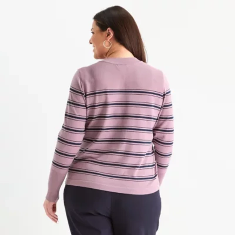 Liz Claiborne Plus Womens Crew Neck Long Sleeve Striped Pullover Sweater