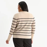 Liz Claiborne Plus Womens Crew Neck Long Sleeve Striped Pullover Sweater