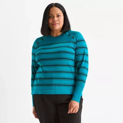 Liz Claiborne Plus Womens Crew Neck Long Sleeve Striped Pullover Sweater