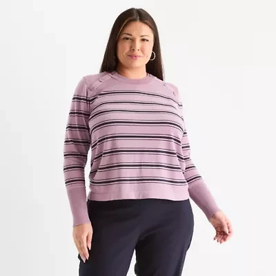 Liz Claiborne Plus Womens Crew Neck Long Sleeve Striped Pullover Sweater