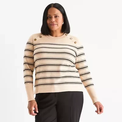 Liz Claiborne Plus Womens Crew Neck Long Sleeve Striped Pullover Sweater