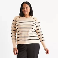 Liz Claiborne Plus Womens Crew Neck Long Sleeve Striped Pullover Sweater
