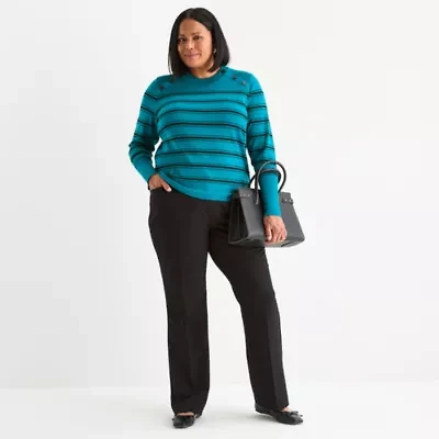 Liz Claiborne Plus Womens Crew Neck Long Sleeve Striped Pullover Sweater