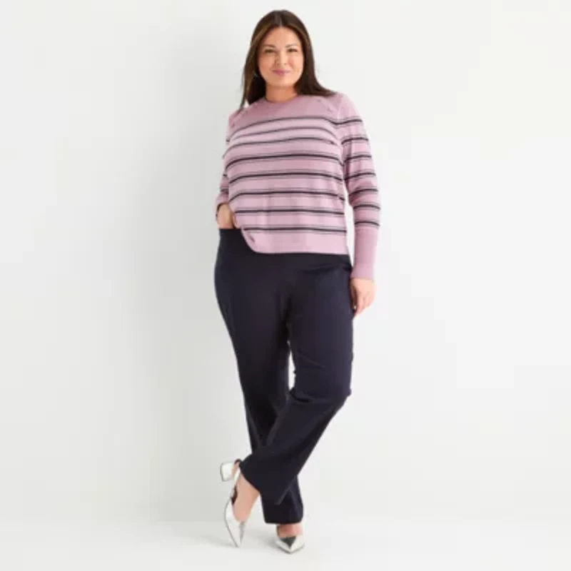 Liz Claiborne Plus Womens Crew Neck Long Sleeve Striped Pullover Sweater