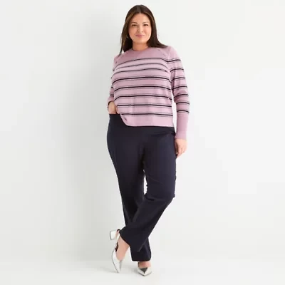 Liz Claiborne Plus Womens Crew Neck Long Sleeve Striped Pullover Sweater