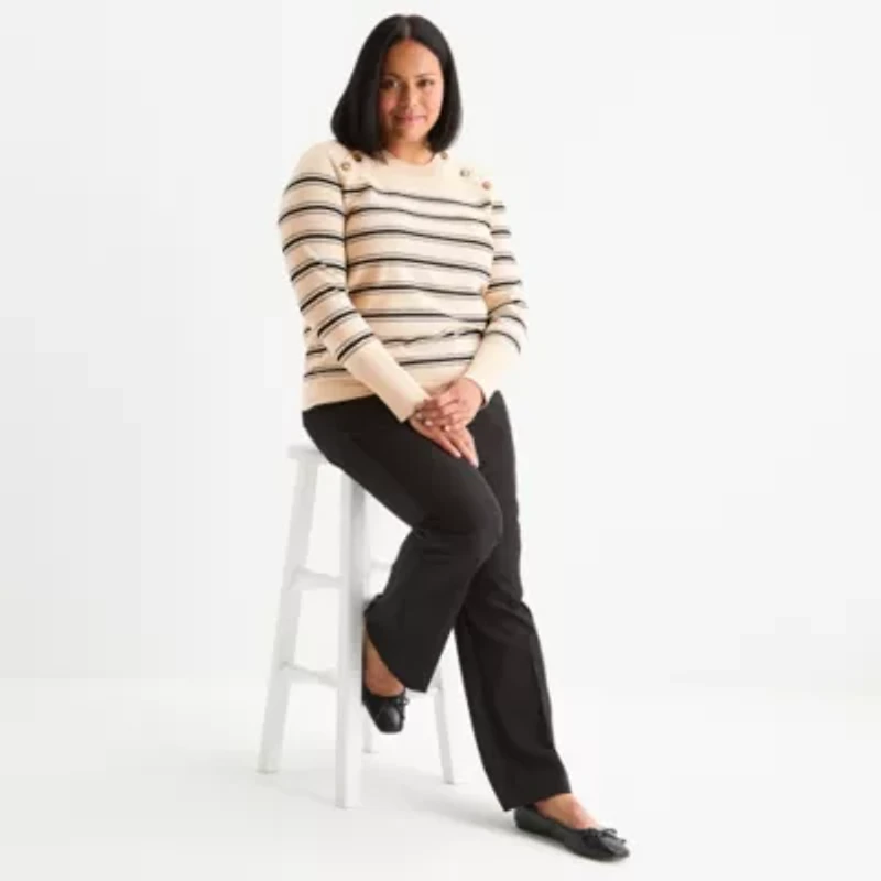 Liz Claiborne Plus Womens Crew Neck Long Sleeve Striped Pullover Sweater
