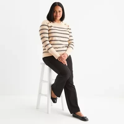 Liz Claiborne Plus Womens Crew Neck Long Sleeve Striped Pullover Sweater