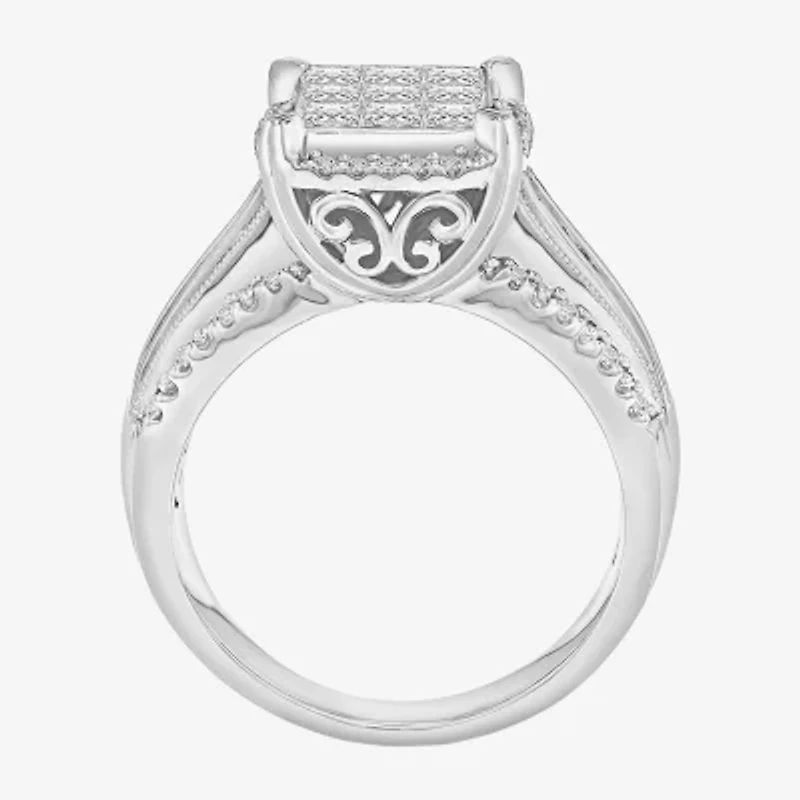 Womens 1 CT. T.W. Lab Grown White Diamond Side Stone Halo Engagement Ring