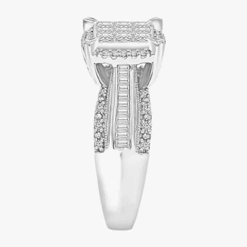 Womens 1 CT. T.W. Lab Grown White Diamond Side Stone Halo Engagement Ring