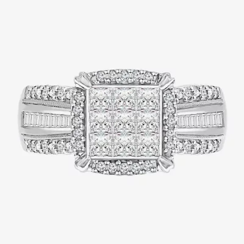 Womens 1 CT. T.W. Lab Grown White Diamond Side Stone Halo Engagement Ring