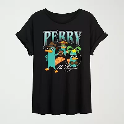 Womens Juniors Crew Neck Short Sleeve Oversized Phineas and Ferb Graphic T-Shirt