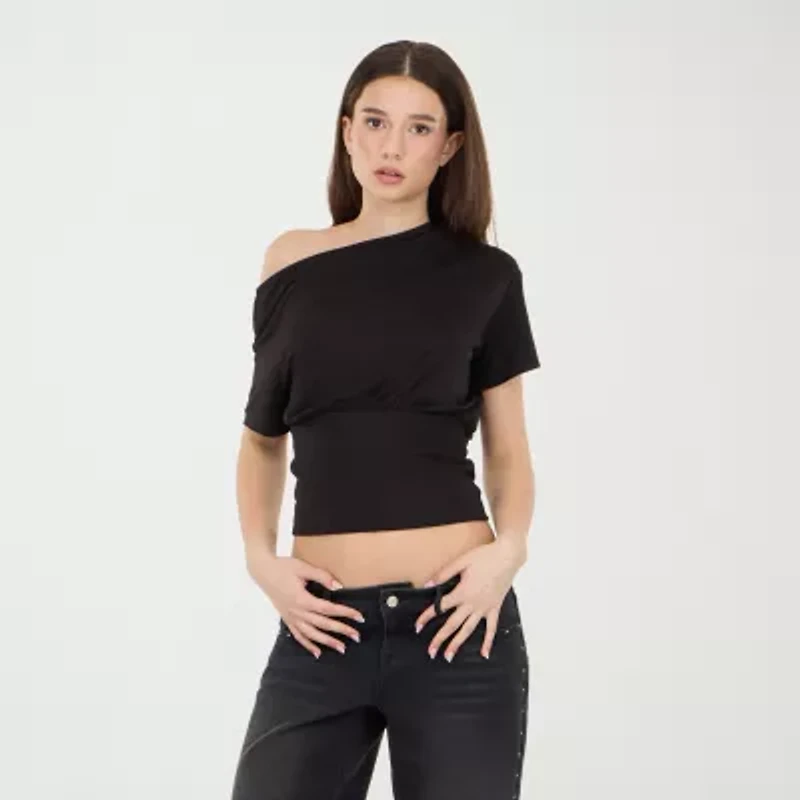 Forever 21 Off The Shoulder Womens Juniors Asymmetrical Neck Short Sleeve T-Shirt