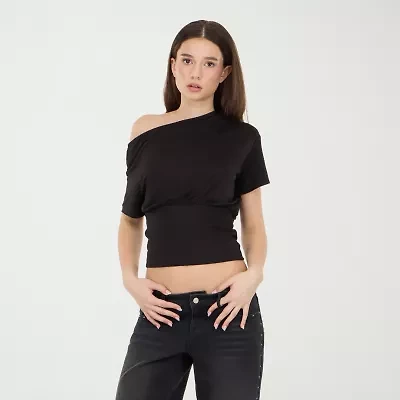 Forever 21 Off The Shoulder Womens Juniors Asymmetrical Neck Short Sleeve T-Shirt