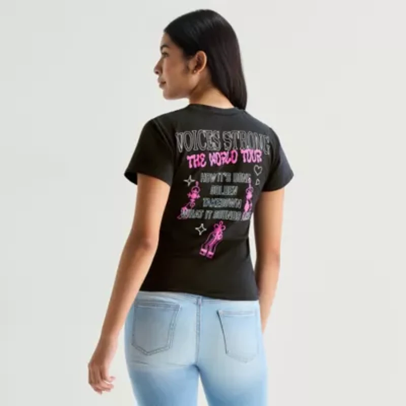 Womens Juniors Crew Neck Short Sleeve Fitted KPop Demon Hunters Graphic T-Shirt