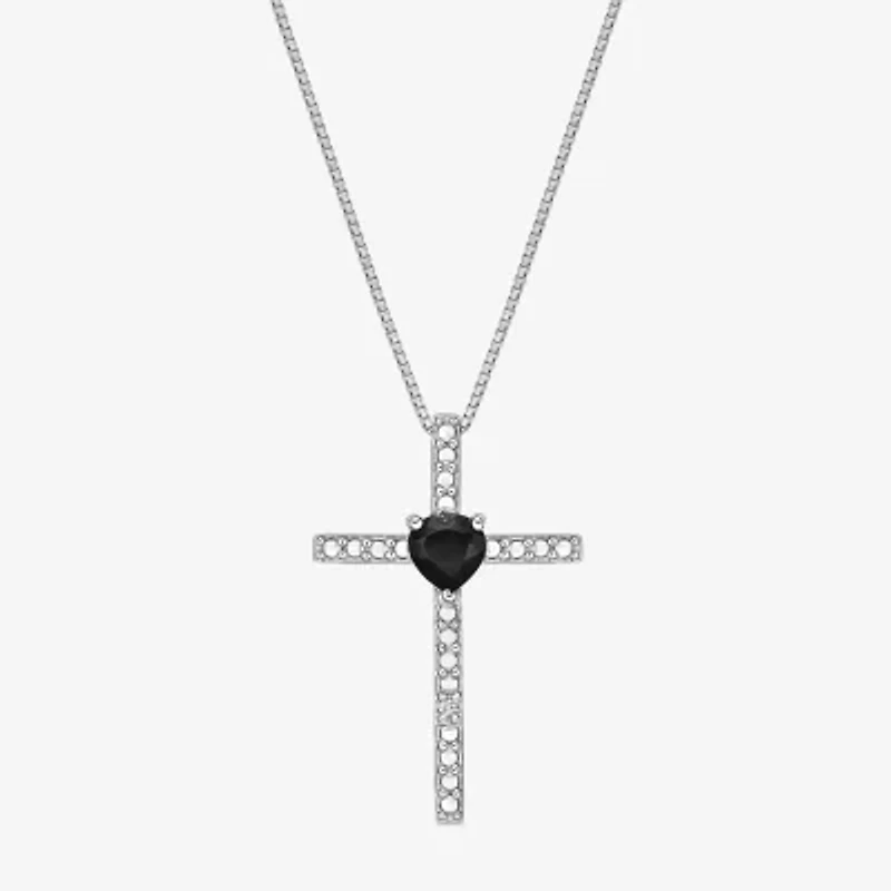 Womens Diamond Accent Genuine Black Onyx Sterling Silver Cross 18 Inch Pendant Necklace