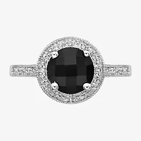 Womens Diamond Accent Genuine Black Onyx Sterling Silver Halo Cocktail Ring