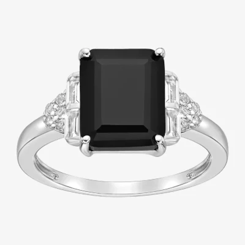 Womens Genuine Black Onyx Sterling Silver Side Stone Cocktail Ring