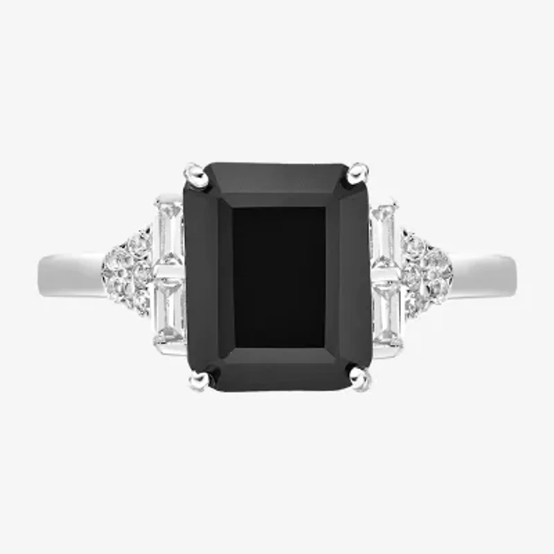 Womens Genuine Black Onyx Sterling Silver Side Stone Cocktail Ring
