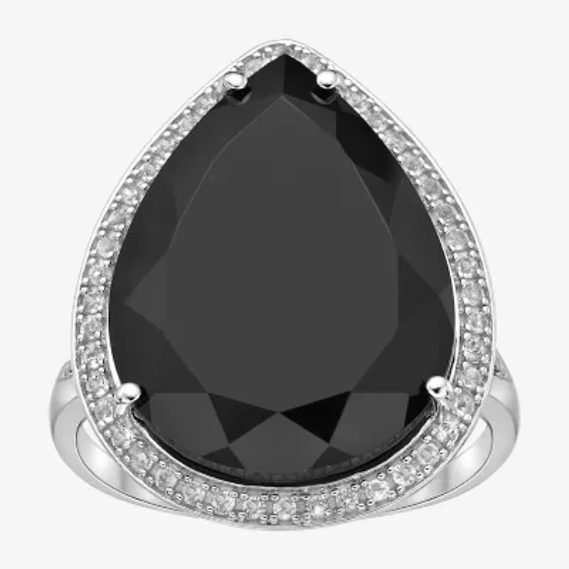 Womens Genuine Black Onyx Sterling Silver Pear Halo Cocktail Ring