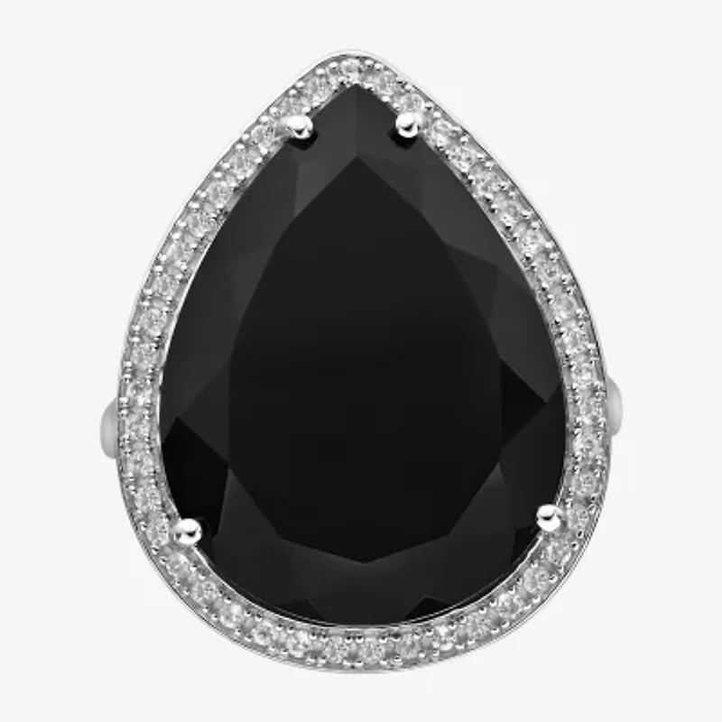 Womens Genuine Black Onyx Sterling Silver Pear Halo Cocktail Ring