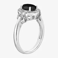Womens Genuine Black Onyx Sterling Silver Halo Cocktail Ring