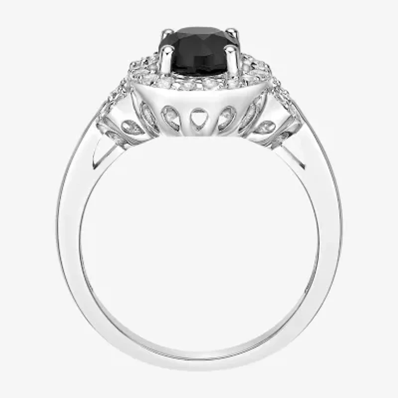 Womens Genuine Black Onyx Sterling Silver Halo Cocktail Ring