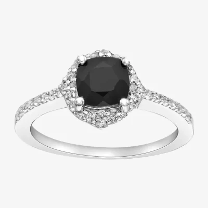 Womens Genuine Black Onyx Sterling Silver Halo Cocktail Ring