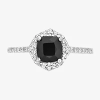 Womens Genuine Black Onyx Sterling Silver Halo Cocktail Ring