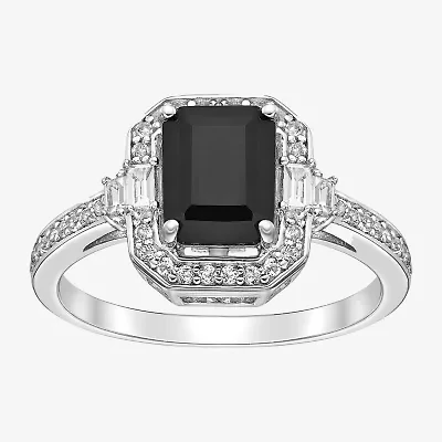 Womens Genuine Black Onyx Sterling Silver Halo Cocktail Ring