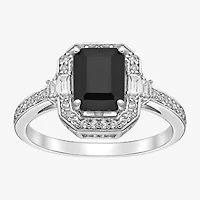 Womens Genuine Black Onyx Sterling Silver Halo Cocktail Ring